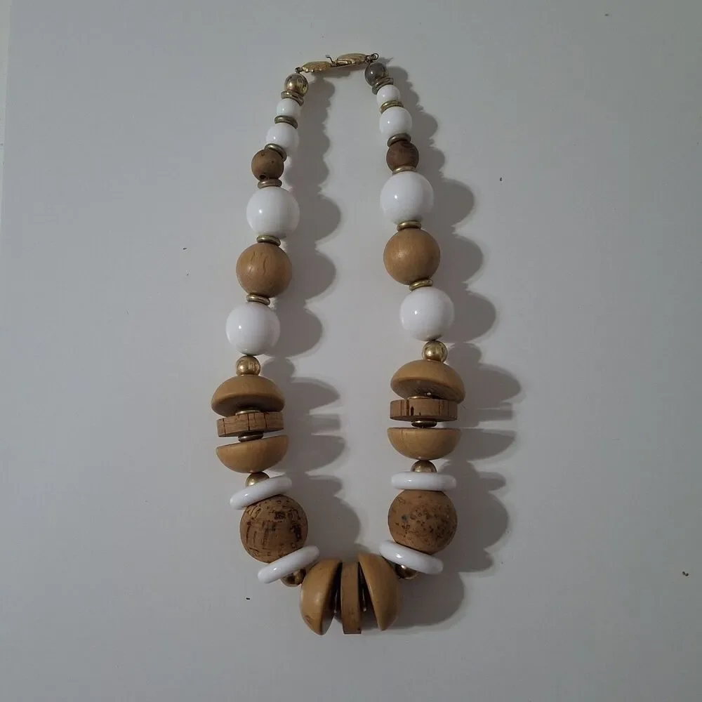 Gold Tone White Brown Wooden Round Chunky Acrylic Bead Statement Necklace